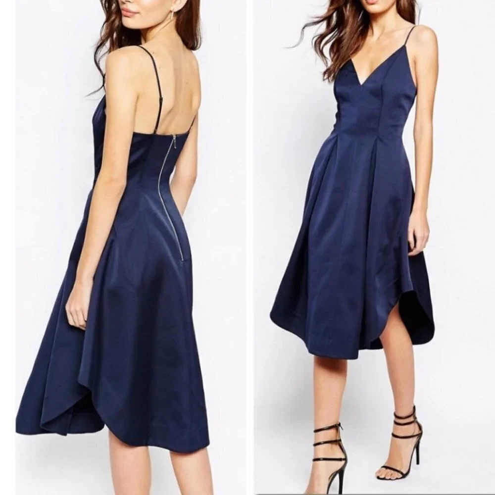 Keepsake Heart Strong Navy Blue Satin Formal Cocktail Party Midi Dress Size M - Picture 2 of 12